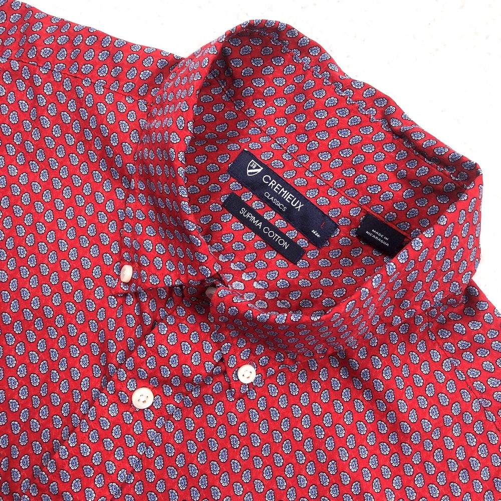 Cremieux Classics Button Shirt Mens L Red Blue Paisley Long Sleeve‎ Pocket Y2K
